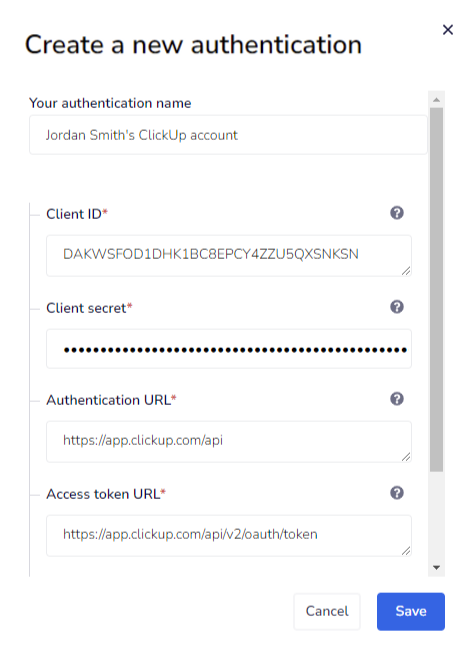 Screenshot of Create new authentication