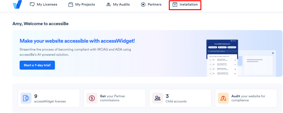 Screenshot of customer portal